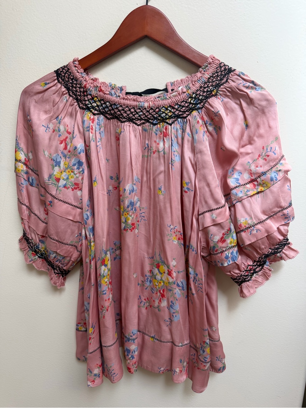 The Great. Pink Floral Peasant Blouse with Smocked Neck